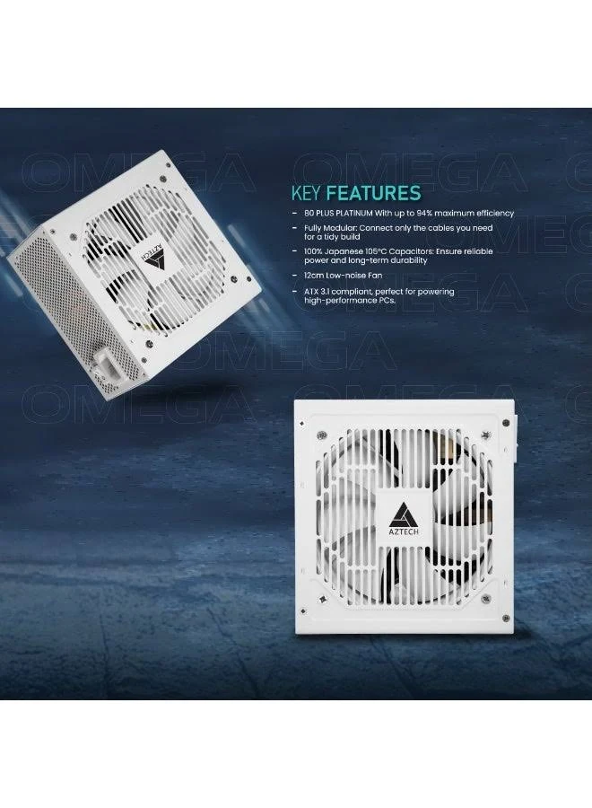 OMEGA 1250W 80 Platinum Plus ATX 3.1 & PCIe 5.1 Ready Fully Modular Power Supply Ultra‑Quiet Hybrid Fan PSU 120 mm, Japanese 100% 105 °C Caps, ZERO RPM Low noise Control