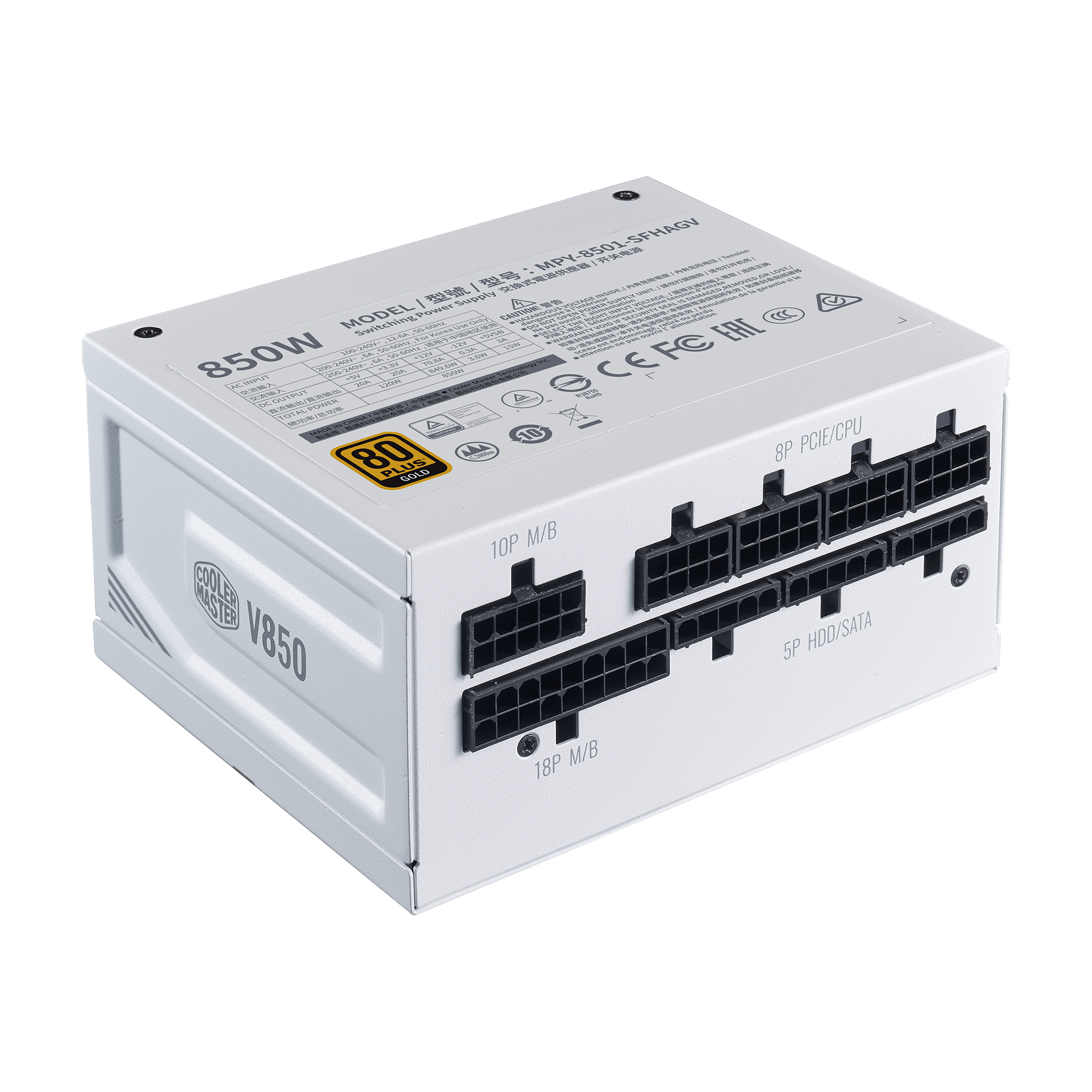 Cooler Master V850 SFX Gold ATX 3.1 White Edition, EU Plug - 850W 80 PLUS Gold, Full Modular Power Supply, SFF/Mini-ITX Power Supply, 92mm FDB Fan, PCIe 5.1 Cable, SFX to ATX Bracket